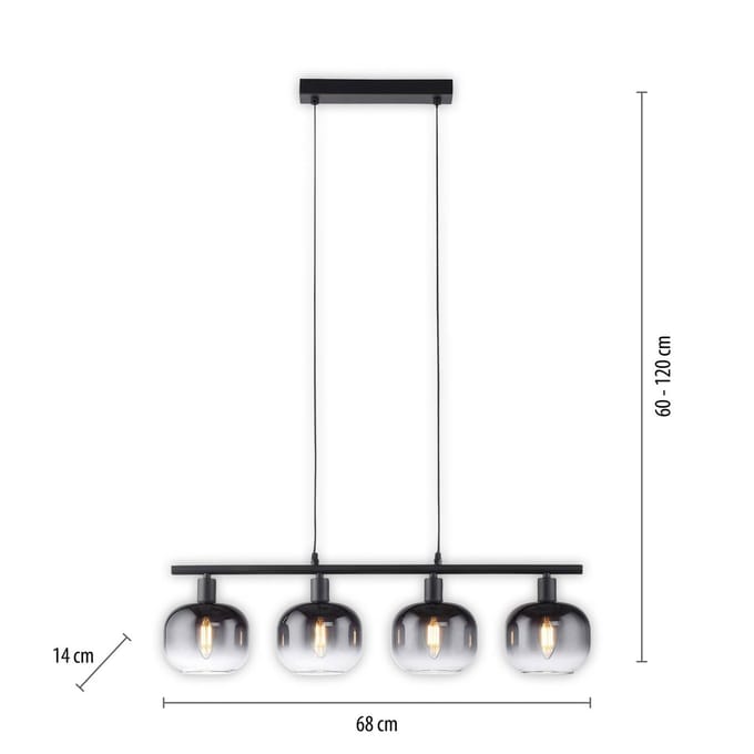 JUST LIGHT. GmbH Hanglamp Zea, 4-lamps, rookgrijs/zwart, glas, E14