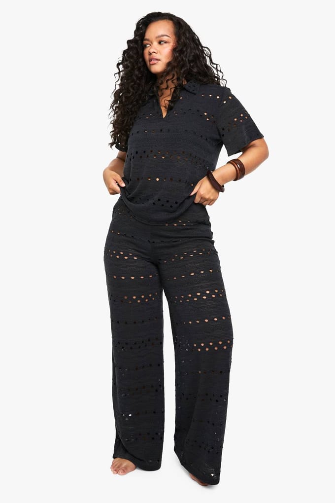 boohoo Dames Plus Beach Wijde Strandbroeken | Black | Maat: 28