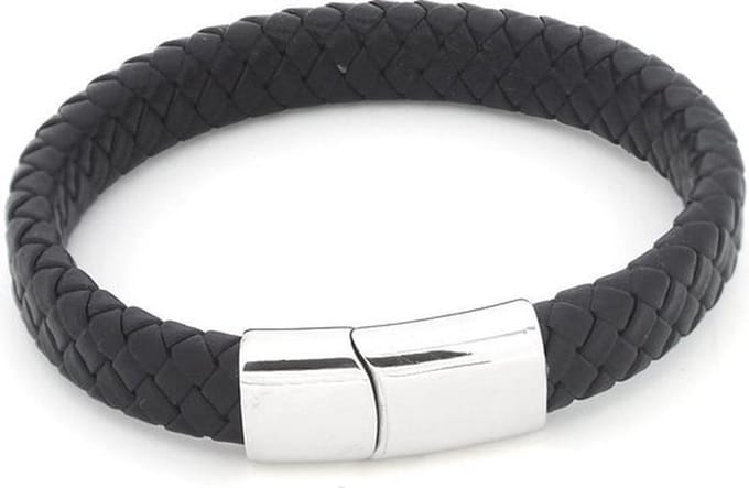 Armband Heren 12 mm - Leer en RVS - Lengte 21 cm - Zwart