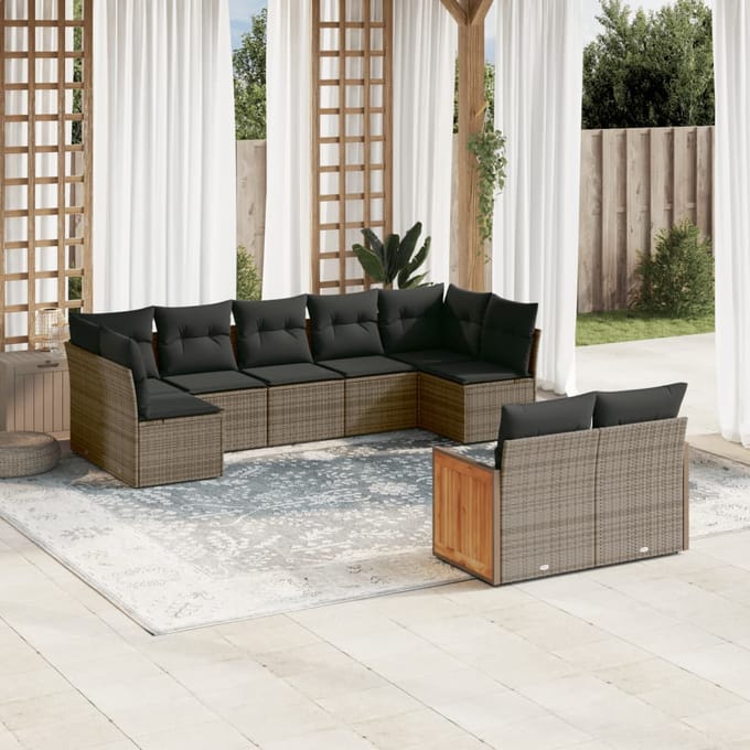 vidaXL - 9-delige - Loungeset - met - kussens - poly - rattan - grijs