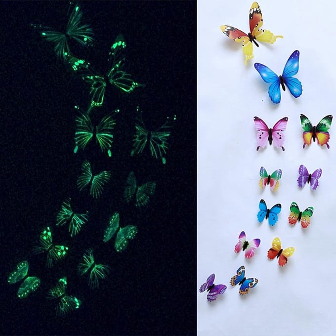 Set van 12 Fluorescerende Vlinders - Wanddecoratie - Muursticker - Lichtgevend