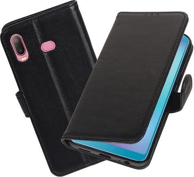 Echt Lederen Hoesje Wallet Case voor Samsung Galaxy A6s Zwart