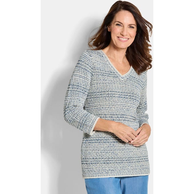 Pullover van structuurtricot met een V-hals - blauw / gedess. - Gr. 19 van Goldner Fashion