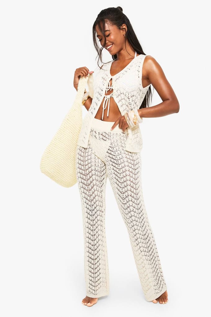 boohoo Dames Gehaakt Vest met Stropband | Cream | Maat: Medium