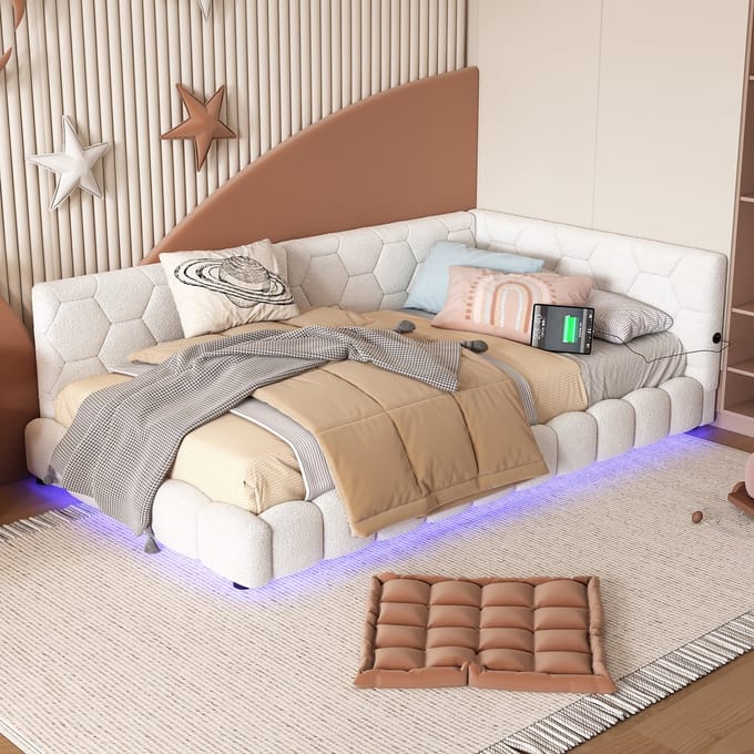 MODFU - Bedbank 90x200 cm – Met LED (16 kleuren) & USB/Type-C – Fluweel – Wit