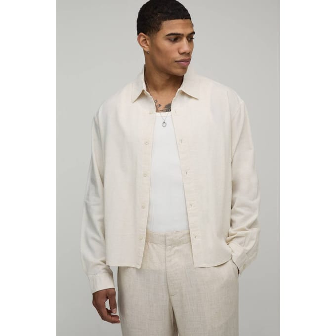 Oversized Boxy Long Sleeve Linen Co-Ord Blend Shirt | Natural | Size Large