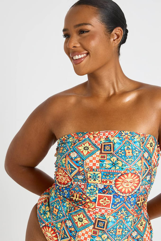 boohoo Dames Plus Bandeau Badpak Met Tegelprint | Maat: 54