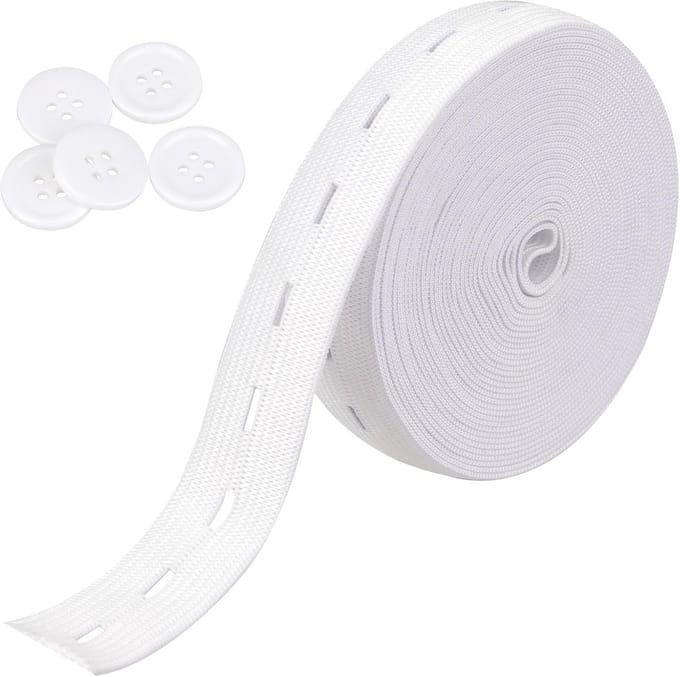 Elastische naaitape met knoopsgaten - 8,4 cm breed - 5 witte knopen - Doe-het-zelf knutselbenodigdheden