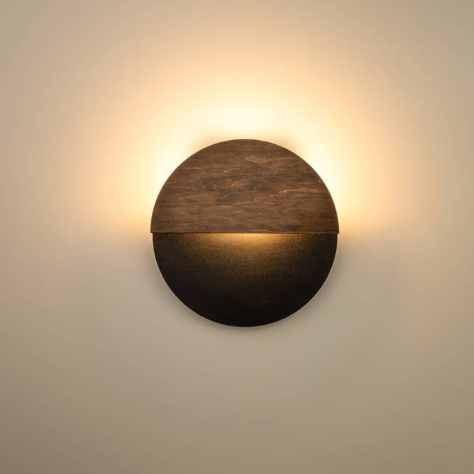 SIGMA LED wandlamp Luna S, zwart/wenge, staal, hout, 3.000 K