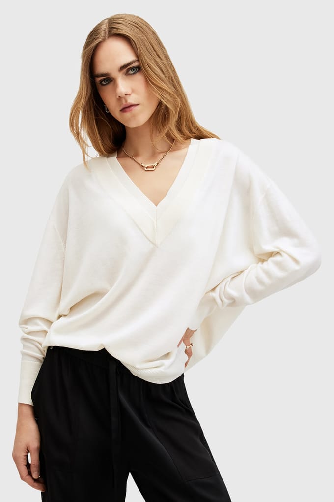 AllSaints Bern V Neck Chalk White Taglia: XS | Maglioni a maglia Outlet | Donna | Bianco