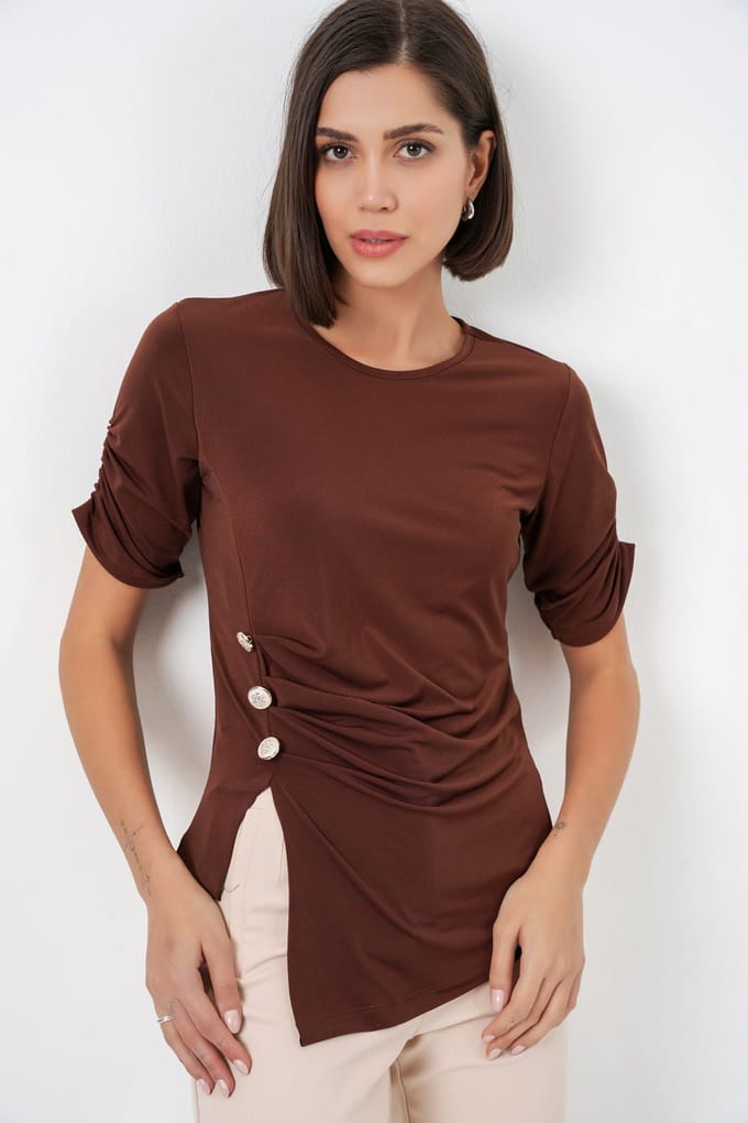 Ronde Hals Geplooide Blouse