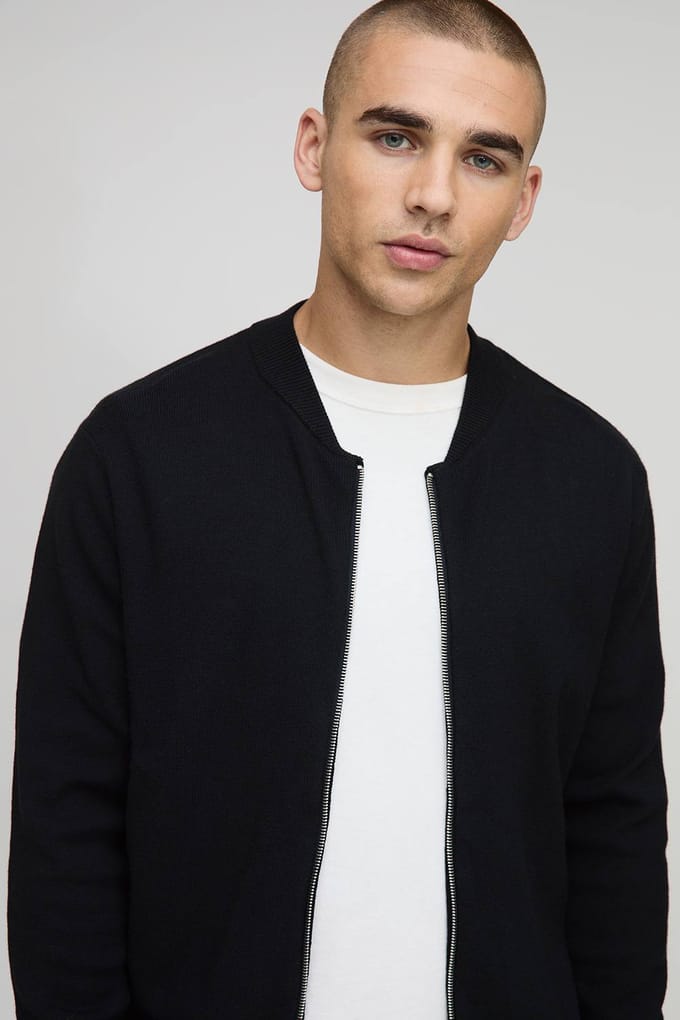 Regular Fit Smart Knitted Bomber Jacket | Black | Size Small