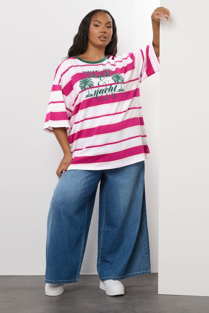 Yours Gestreept Tshirt Met 'Beach Club' Slogan In Roze/Wit Size 44