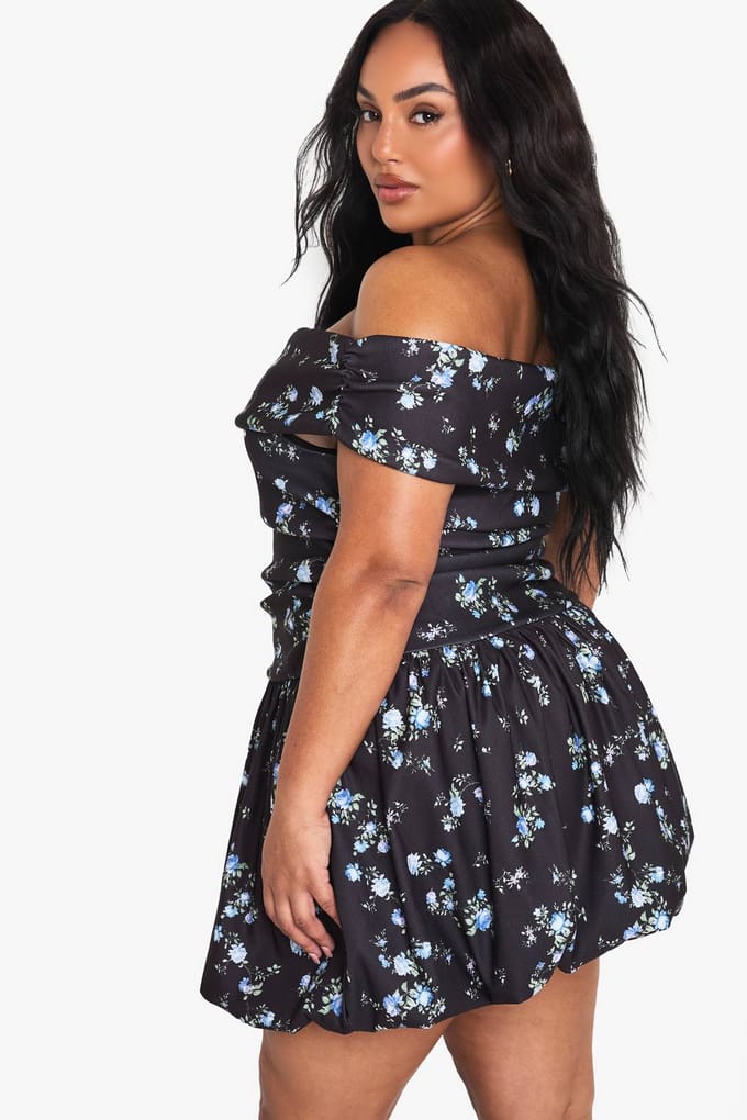 boohoo Dames PLUS DISTY BENGALINE BARDOT PUFFBALL MINI JURK | Black | Maat: 24
