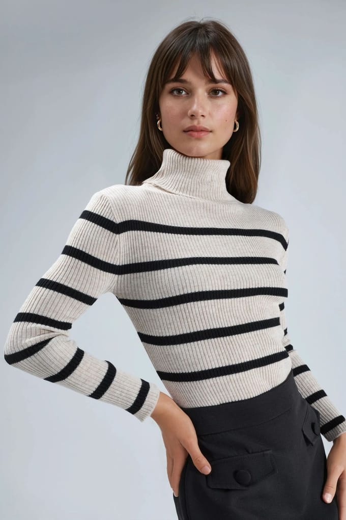 Getailleerde Gestreepte Ribbels Turtleneck Trui