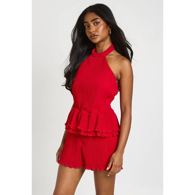boohoo Dames Geplisseerde Halterneck Playsuit | Rood | Maat: 42