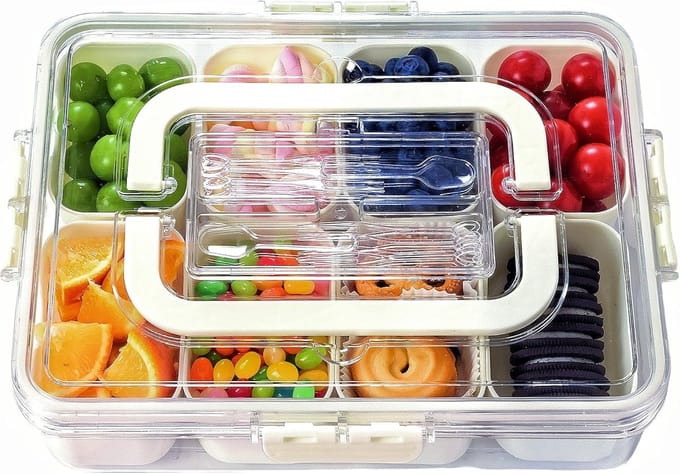 Lunchbox - Picknickbox - Snackbox met deksel en handvat - Opbergbox - 8 compartimenten - Draagbare picknickbox - Verdeelde compartimenten - Verdeelde snoep-, fruit- en snacklade - Draagbare multifunctionele snackbox - Crème