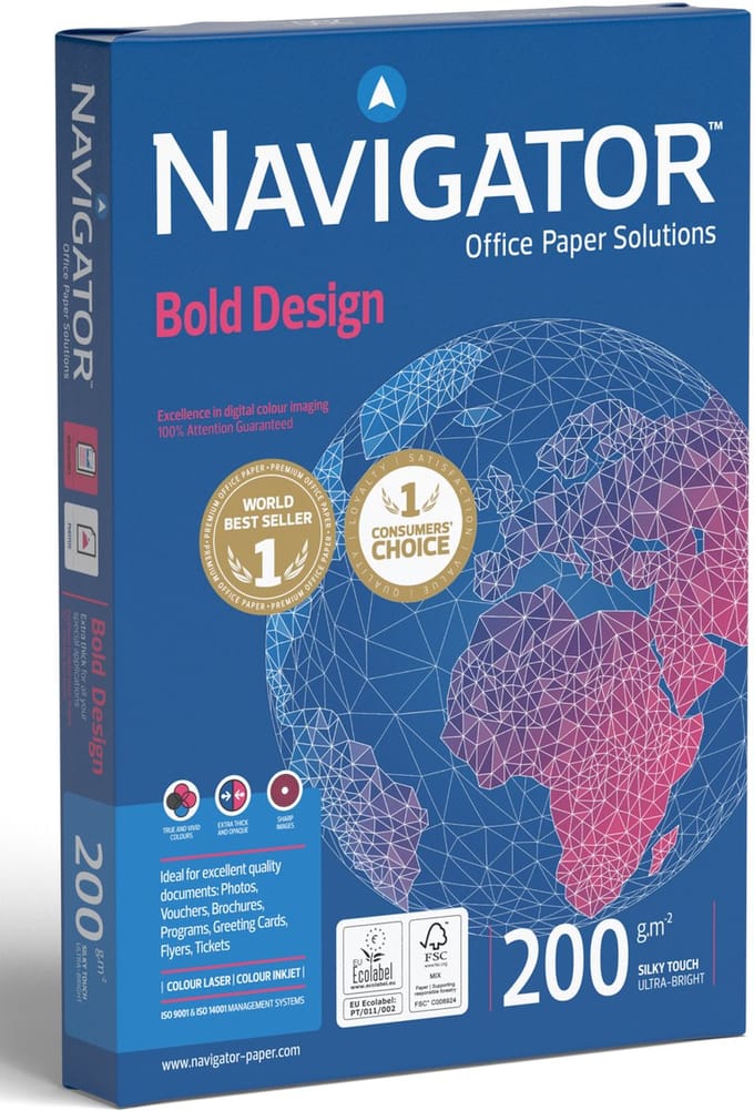 Kopieerpapier navigator bold design a4 200gr wit, 150 vel per pak, 7 pakken in 1 doos.
