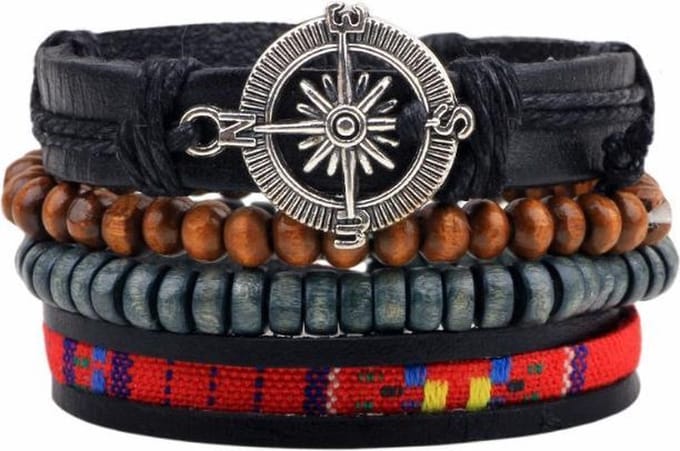 Fako Bijoux® - Leren Armband - Leder - Set Vintage - Kompas