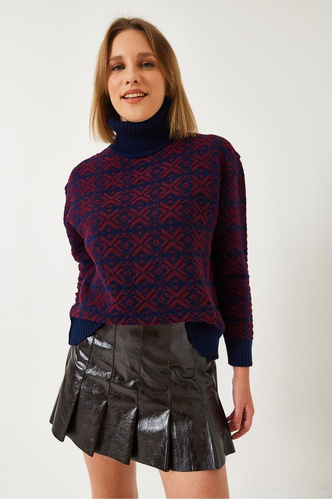 Geometrische Gebreide Crop Sweater met Col