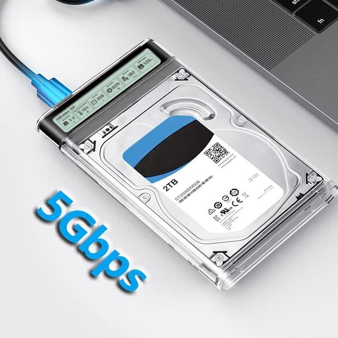 Smart Display HDD Behuizing 2.5 Inch Transparante HDD Behuizing USB3.2 Gen2 Externe HDD Behuizing SATA HDD SSD Opslagbehuizing voor Laptop PC gray