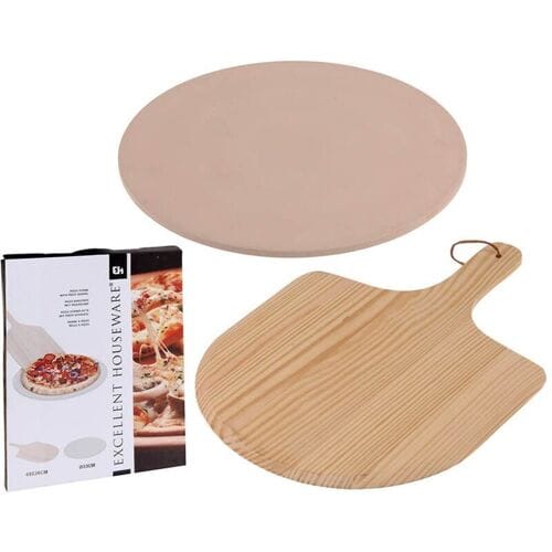 Excellent Houseware Pizza Steen Set met Houten Schep - 33 cm, Bruin