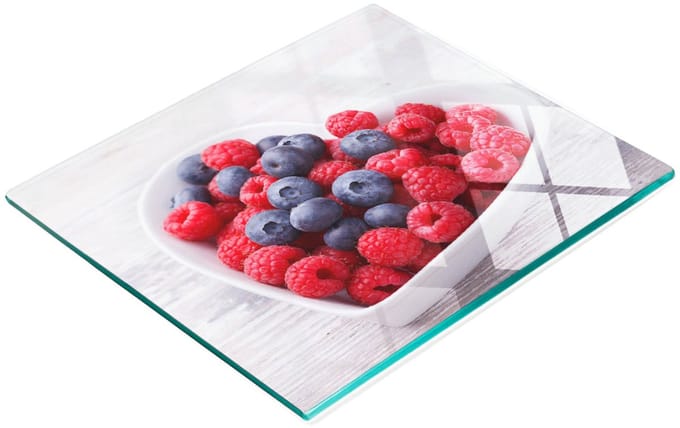 Glazen serveerplank met frambozen- en bosbessenmotief, 60x52 cm