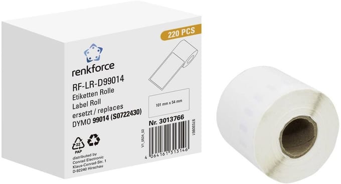 Renkforce Rol met etiketten Compatibel vervangt DYMO DYMO 99014 101 x 54 mm Papier Wit 220 stuk(s) Permanent hechtend Verzendetiketten RF-6027532