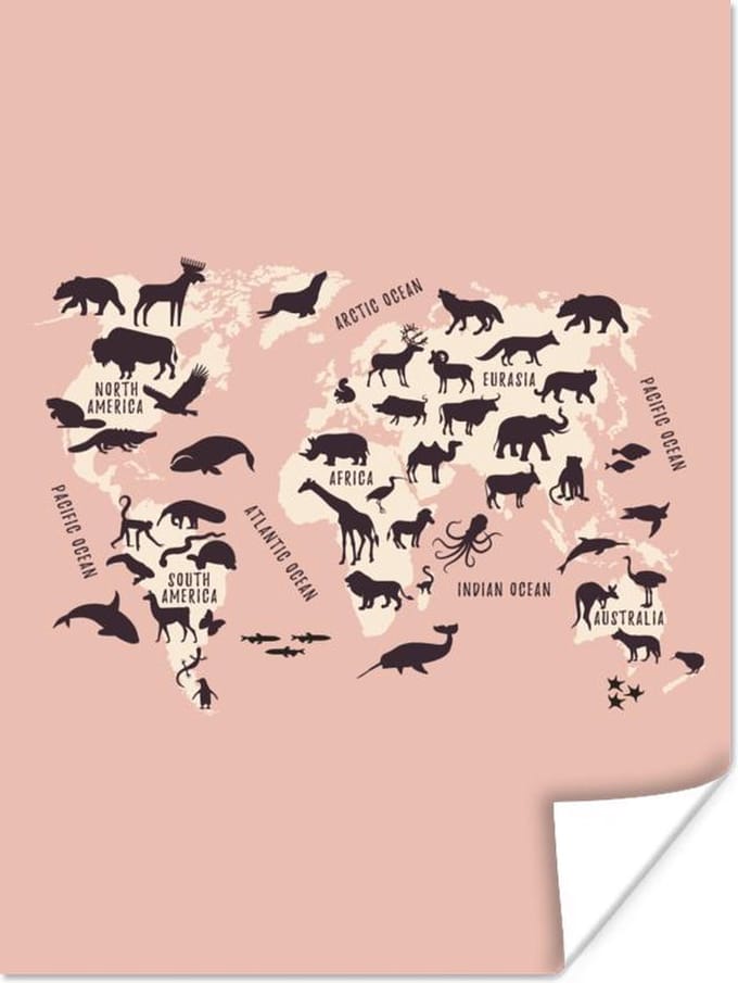 Poster - Wereldkaart - Dieren - Roze - 30x40 cm