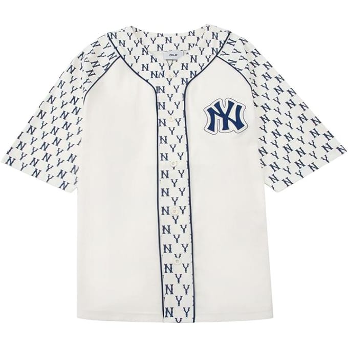 MLB Vintage Bloemig Patchwork V-hals Knopen Korte Mouwen Baseball Jersey Dames jersey Crème 3ABSM0121-50CRS M white