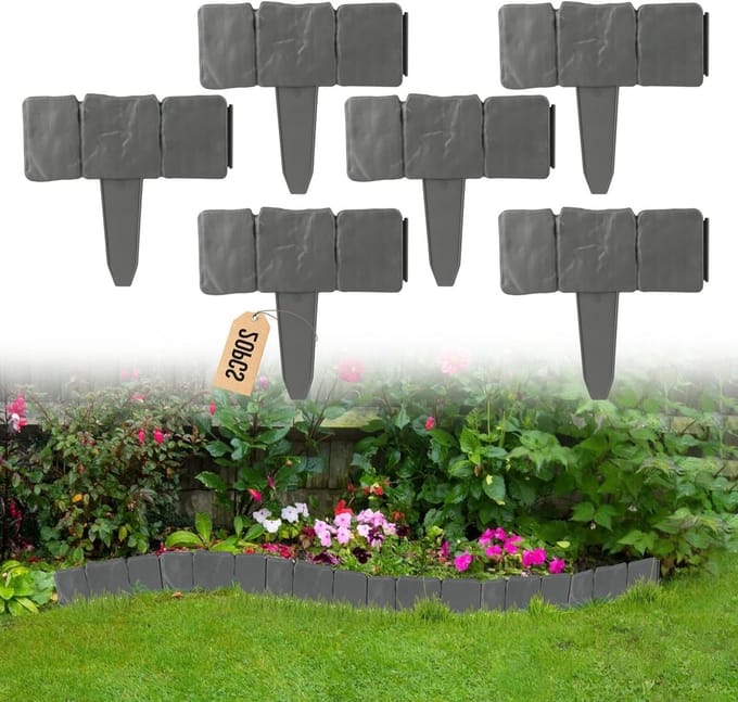 Set van 20 Grijze Tuinrandstenen van 5 m - Palisade Fence Effect voor Tuin en Bloembedden, Plastic Border Edging