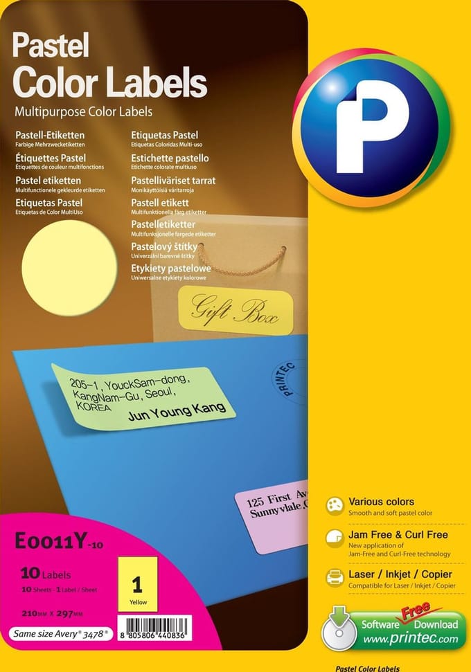 Printec Pastel Geel Etiketten - 10 Vel - 210x297mm - 1 Label Per A4 - 10 Stickers