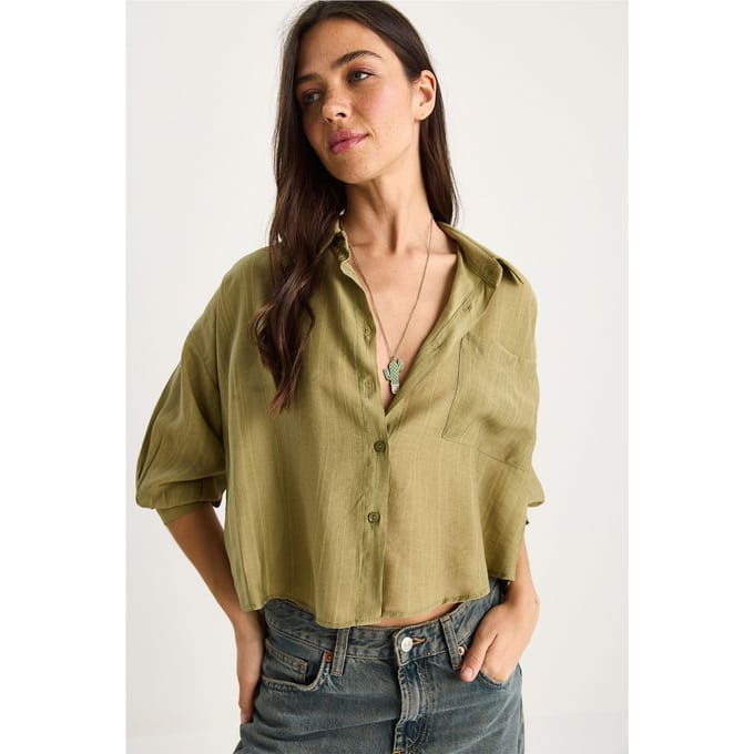 Geribbelde Gestreepte Crop Shirt met Knopsluiting en Zak