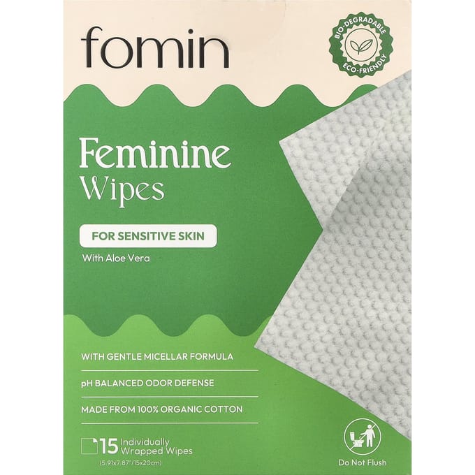 fomin, feminine wipes, for sensitive skin, 15 individually wrapped wipes white