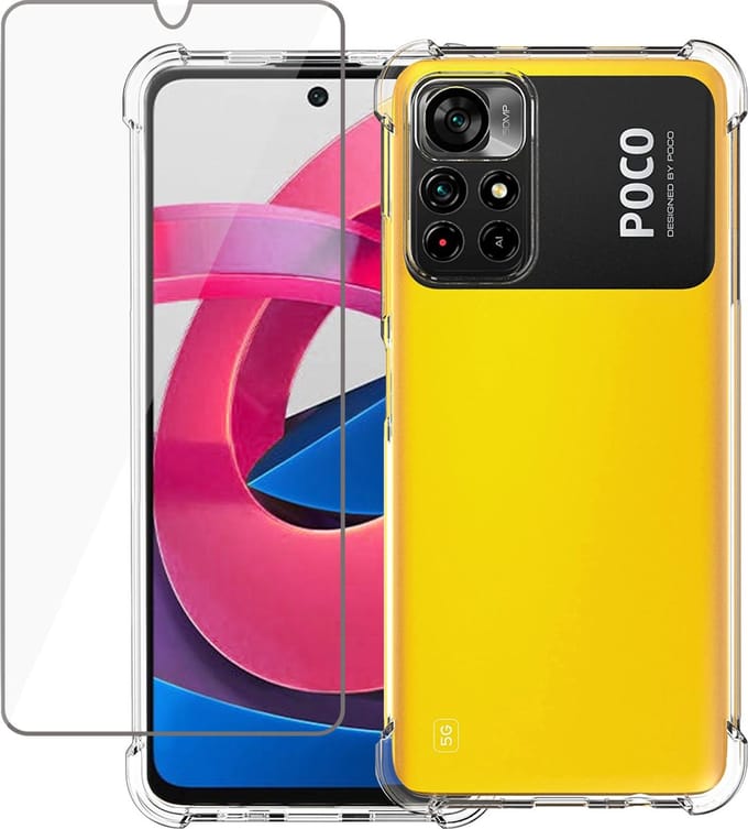 Hoesje geschikt voor Poco M4 Pro - Shock Proof Case Transparant met Versterkte rand en Glas Screen Protector