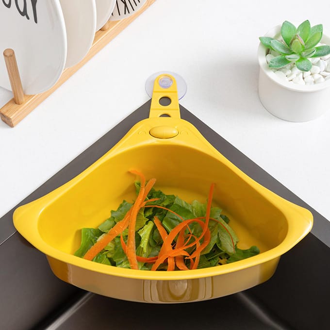Panier d'Égouttage Triangulaire de Cuisine Stable Égouttage Facile Panier Passoire d'Angle pour Évier de Cuisine Jaune