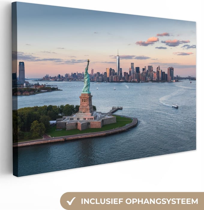 Canvas Schilderij New York - Vrijheidsbeeld - Skyline - 120x80 cm - Wanddecoratie
