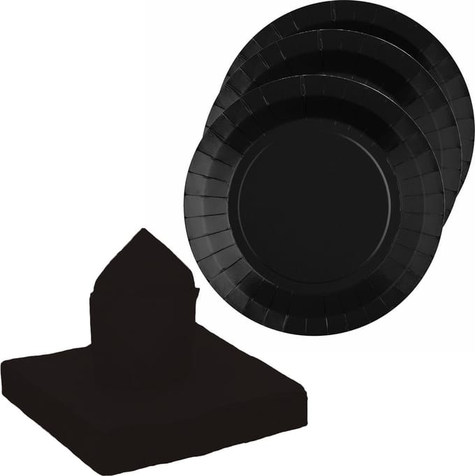 Santex feest/verjaardag servies set - 20x bordjes/25x servetten - zwart - karton