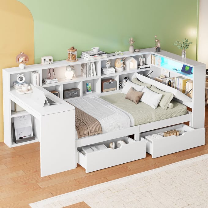MODFU Bedframe 90x200 cm – L-vormig met bureau, boekenkast, lades en LED – Wit – Van MDF en multiplex
