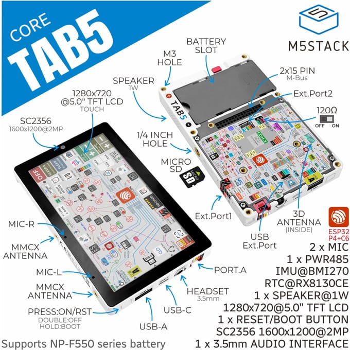 M5Stack officiële Tab5 IoT-controller/ontwikkelingskit (ESP32-P4) - zonder batterij