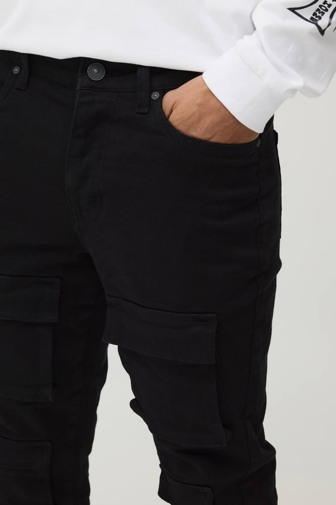 Skinny Gestapelde Flare Multi Cargo Broek | Black | Size 32
