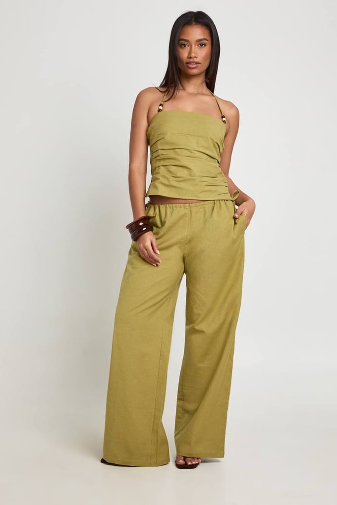 boohoo Dames Linnen-look Haltertop Met Kralendetail | Pistache | Maat: 34