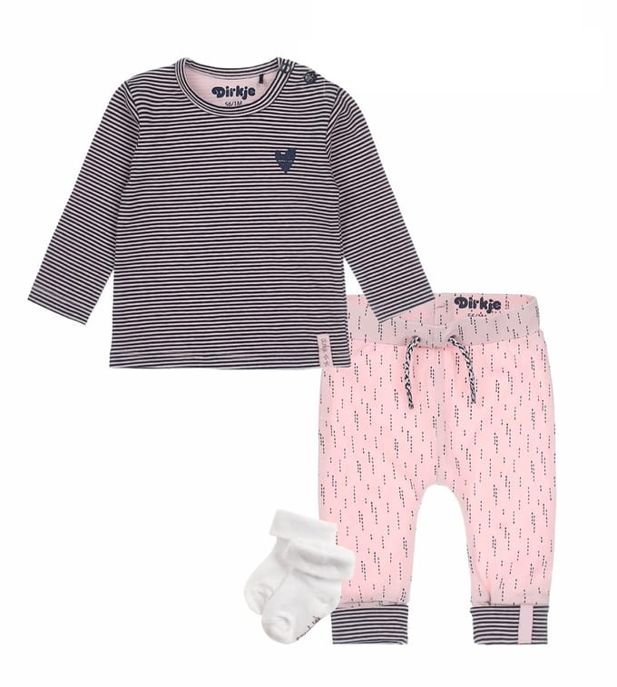 Dirkje Bio Basic SET(3delig) Roze broek printje, Shirt gestreept - SOKJES - Maat 80
