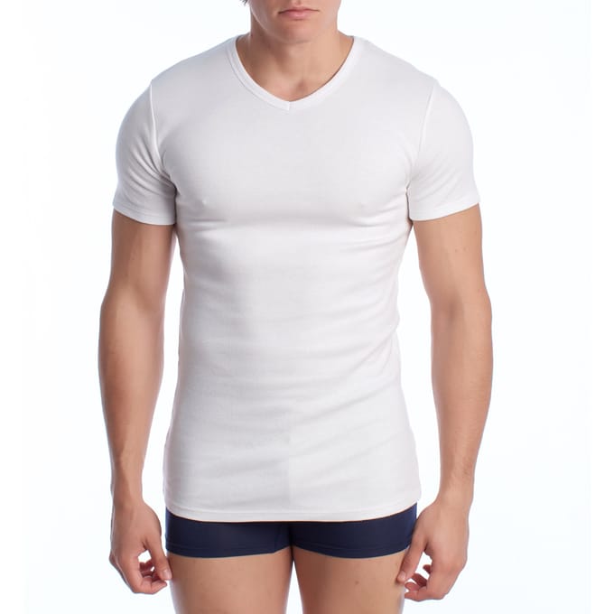 Heren thermoshirt van 100% katoen, wit, V-hals, korte mouw