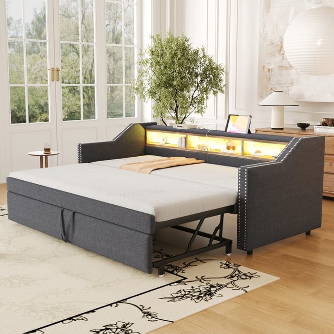 REDOM Bedframe 90x190 cm – Jute donkergrijs – Uitrekbaar naar 180x190 cm – Met USB & LED