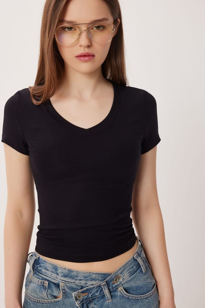 Basic V-Hals Katoenmengsel T-shirt
