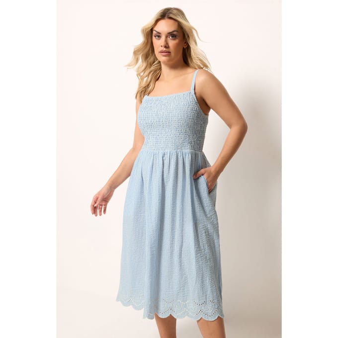 Yours Blauwe Gestreepte Jurk Met Smokwerk Size 54-56