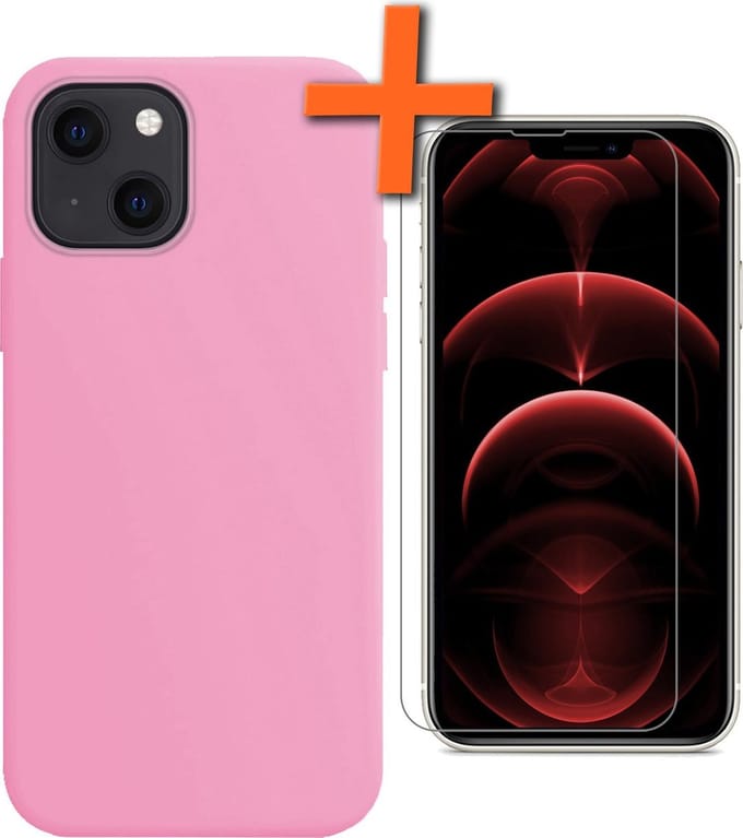Hoes - Met Screenprotector - Geschikt voor Apple iPhone 13 Mini - Sterk & Shockproof - Back Cover - Siliconen Case - Telefoon Hoes - Lichtroze
