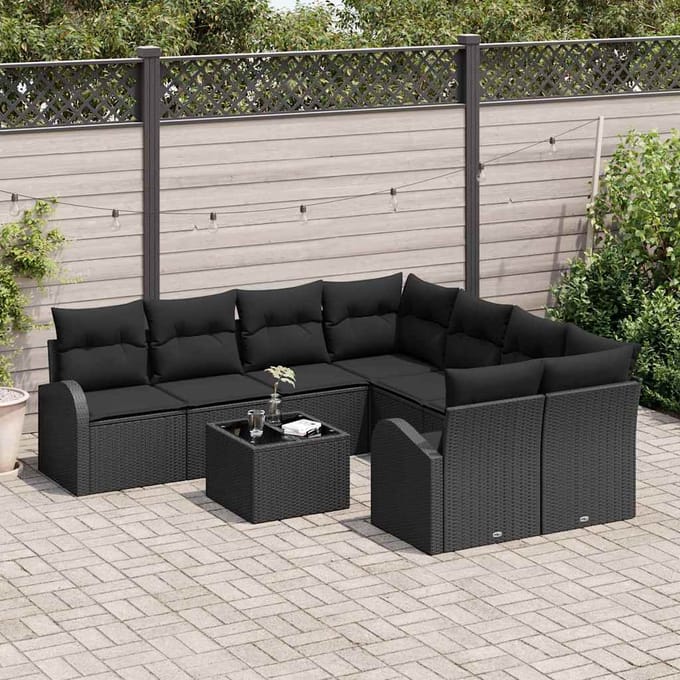 vidaXL Bankstel met kussen met opslag 9 pcs Zwart poly rattan