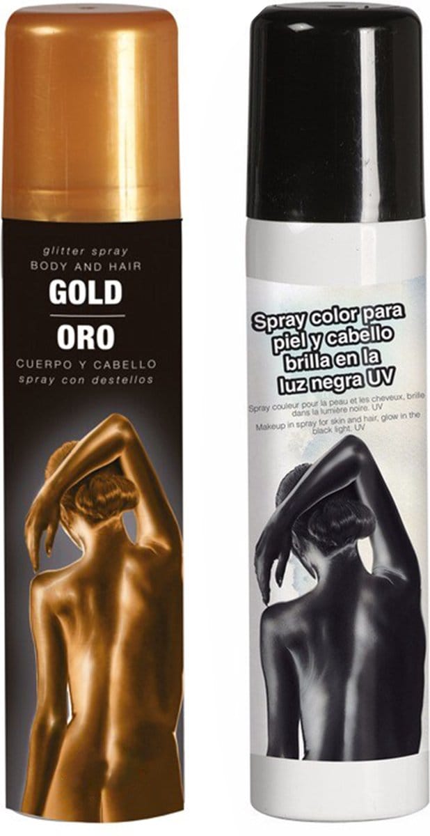Guirca Haarspray/bodypaint spray - 2x kleuren - goud en zwart - 75 ml